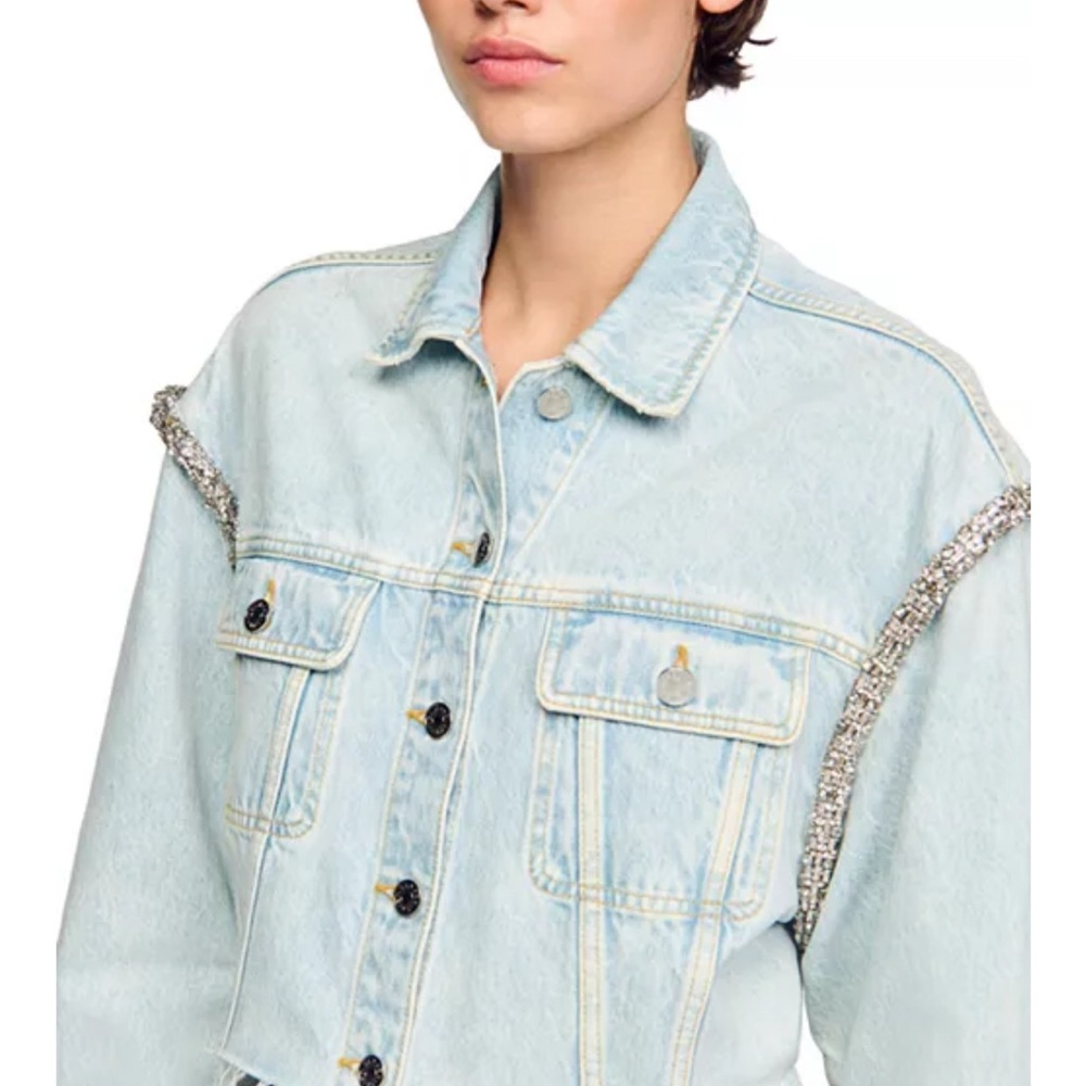 Sandro Palom Light Blue Denim Rhinestone Jacket Medium worn by Beyoncé